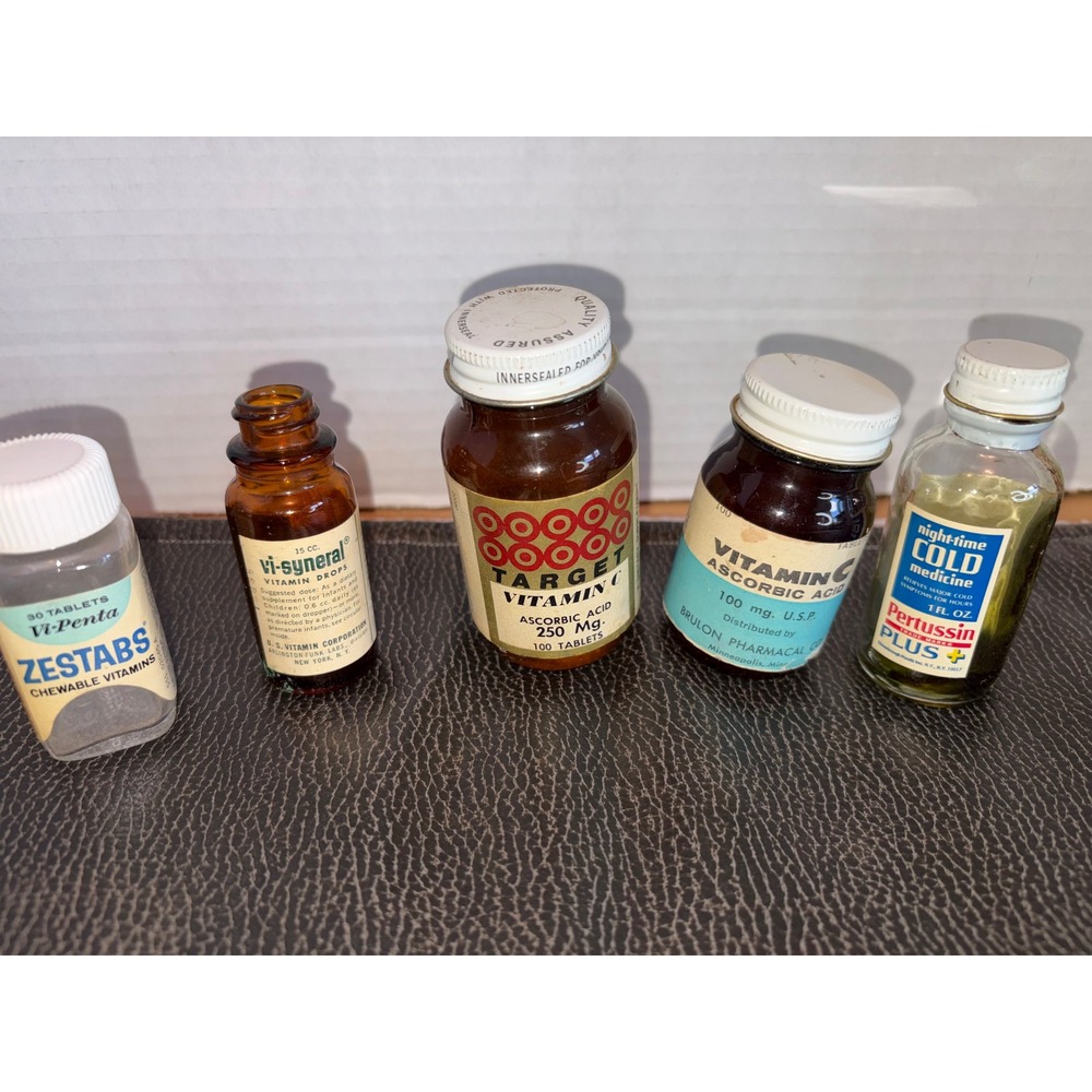Vintage Apothecary Medicine Bottle Lot - 1970s Target Vitamin C Amber Glass